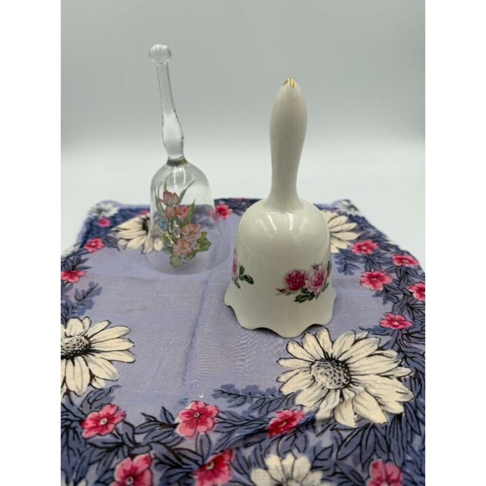 2 Bells- White Ceramic w/Pink Roses/Gold on Handle 5.5" & Clear w/floral 6". GUC